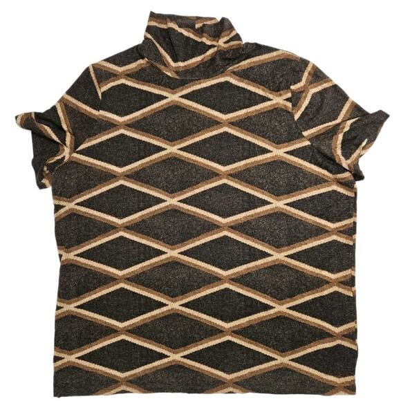 Lauren Ralph Lauren Turtleneck Women's 2X Brown Geometric Stretch Short Sleeve - Picture 1 of 8